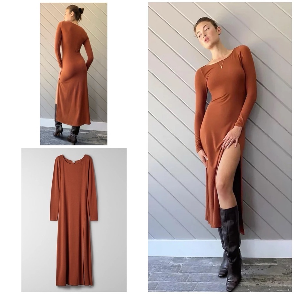 EUC Aritzia Wilfred Neptune Stretch Jersey Long Sleeves Slit Bodycon Maxi  Dress